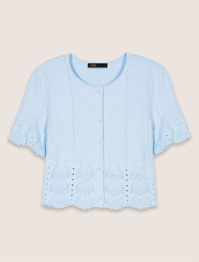 Maje Beaded Pointelle Knit Cardigan