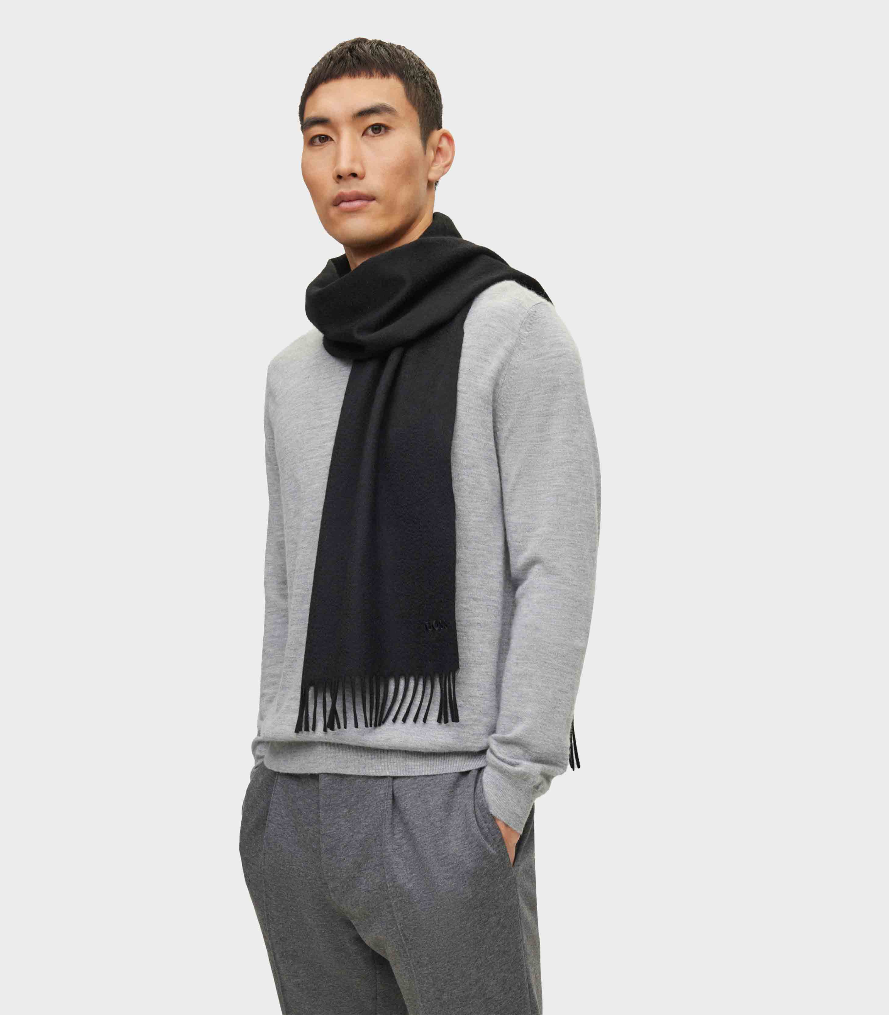 Boss Fringed Scarf In Pure Italian Cashmere With Embroidered