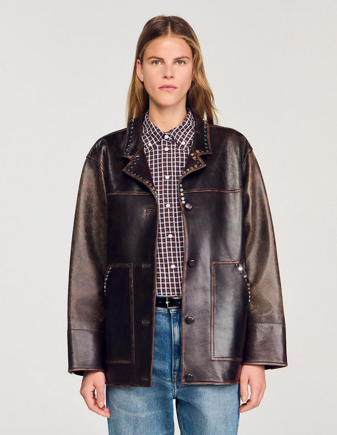 SANDRO Women's Oversized Leather Jacket With Studs – dstore Egypt